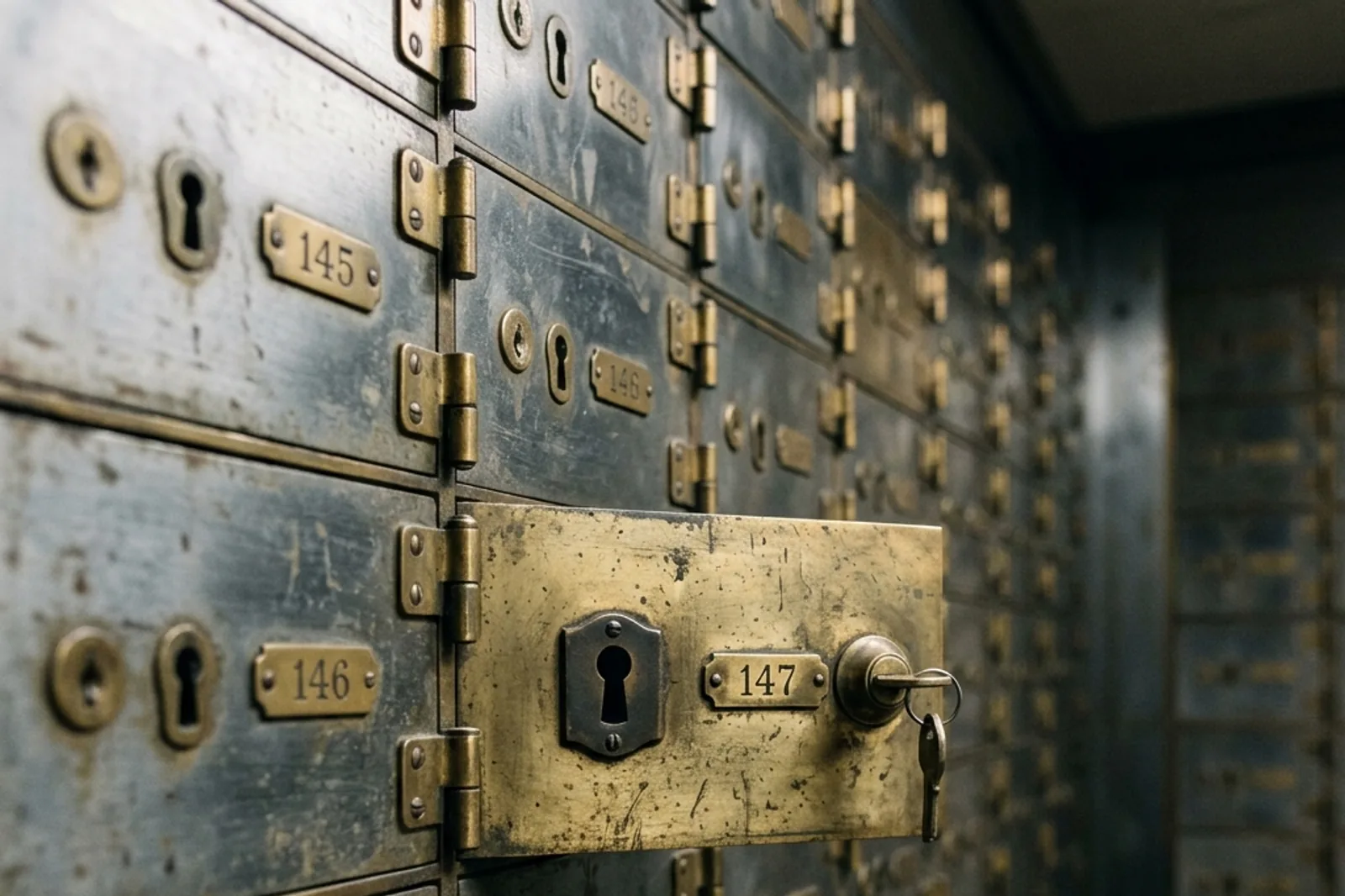 An angled row of old metal safety deposit boxes with keys in the lock.
